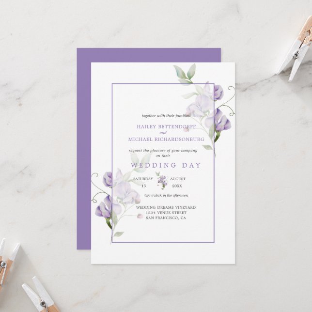 Lavender Sweet Peas Floral Wedding Invitation (Devant/Arrière en situation)
