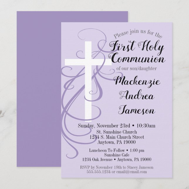 Lavender Swirl First Holy Communion Invitation (Front/Back)