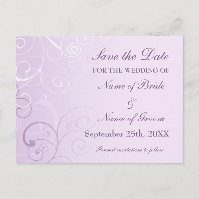 Lavender Swirls Save the Date Wedding Postcards (Front)