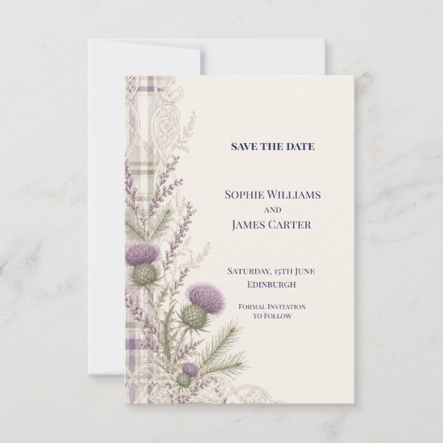 Lavender Tartan Scottish Thistle Wedding Save The Date (Front)