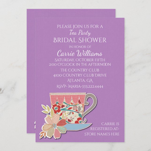 Lavender Tea Cup Invitation de la douche nuptiale (Devant / Derrière)