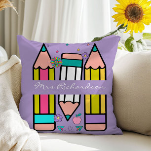Lavender Teacher Colourful Pencil Name Throw Pillo Pillow