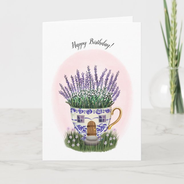 Lavender Teacup Cottage Birthday Card (Front)