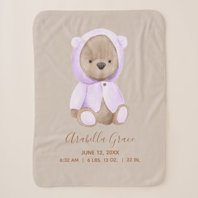Lavender Teddy Bear Baby Birth Stats Sherpa Blanket (Front)