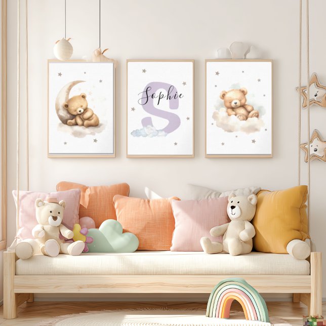 Lavender Teddy Bear Nursery Wall Art Custom Name (Créateur téléchargé)