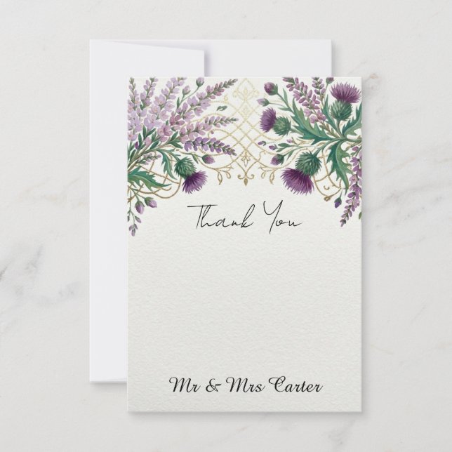 Lavender Thistle Scottish Wedding Thank You Card (Front)