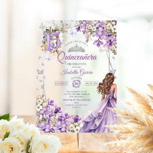 Lavender Tiara Floral Butterflies Quinceañera Acrylic Invitations
