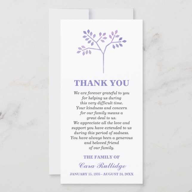 Lavender Tree Memorial Service Thank You Card (Front)