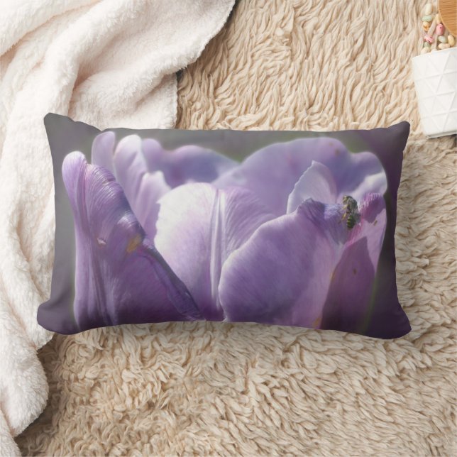 Lavender Tulip With Tiny Bee Close Up  Lumbar Pillow (Blanket)