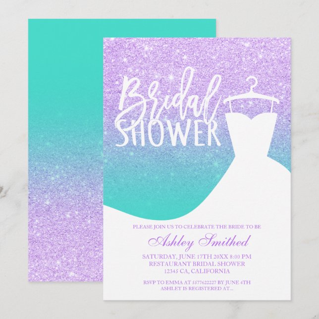 Lavender turquoise mermaid dress Bridal shower Invitation (Front/Back)