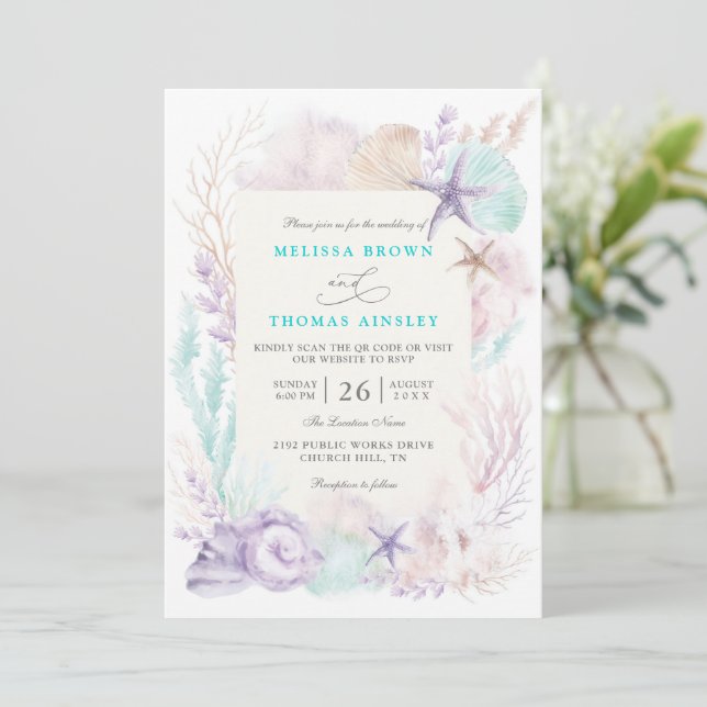 Lavender Turquoise Ocean Chic QR Code Wedding Invitation (Standing Front)