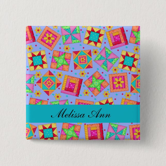 Lavender Turquoise Patchwork Quilt Name Badge 2 Inch Square Button (Front)