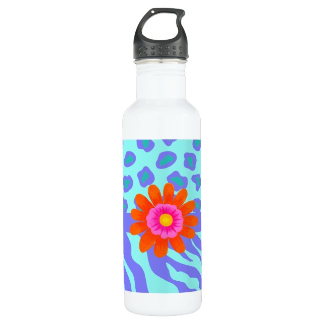 Lavender & Turquoise Zebra & Cheetah Orange Flower 710 Ml Water Bottle (Front)