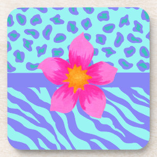 Lavender & Turquoise Zebra & Cheetah Pink Flower Coaster