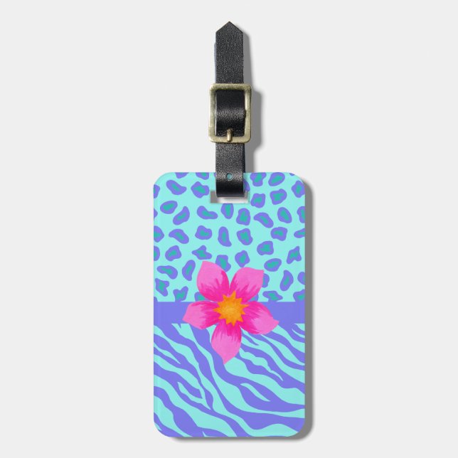 Lavender & Turquoise Zebra & Cheetah Pink Flower Luggage Tag (Front Vertical)