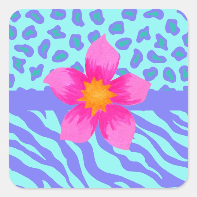 Lavender & Turquoise Zebra & Cheetah Pink Flower Square Sticker (Front)