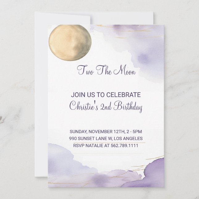 Lavender Two The Moon 2nd Birthday Invitation  (Front)
