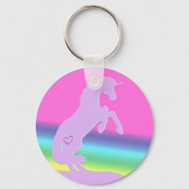 Lavender Unicorn Silhouette (rainbow background) Keychain (Front)