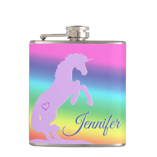 Lavender Unicorn Silhouette (rainbow/personalize) Hip Flask