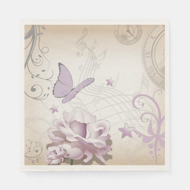 Lavender Vintage Flower, Butterfly, Music, Clocks Napkin (Front)