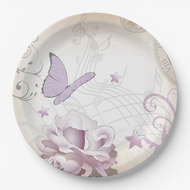 Lavender Vintage Flower, Butterfly, Music, Clocks Paper Plate (Front)