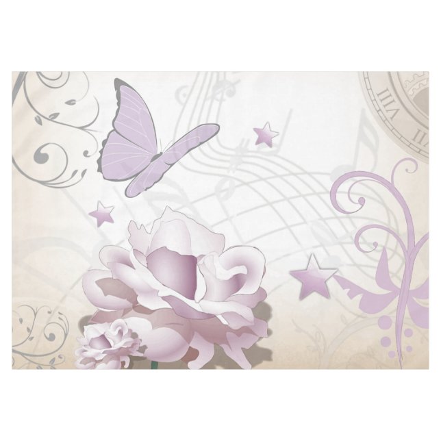 Lavender Vintage Flower, Butterfly, Music, Clocks Tablecloth (Front (Horizontal))