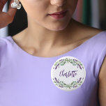 Lavender violet eucalyptus name script 1 inch round button<br><div class="desc">A chic white background. Decorated with lavender,  violet florals flowers and watercolored eucalyptus greenery. Personalize and add a name.</div>
