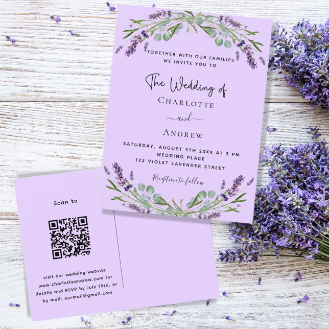 Lavender violet floral greenery QR-code wedding Invitation Postcard (Creator Uploaded)