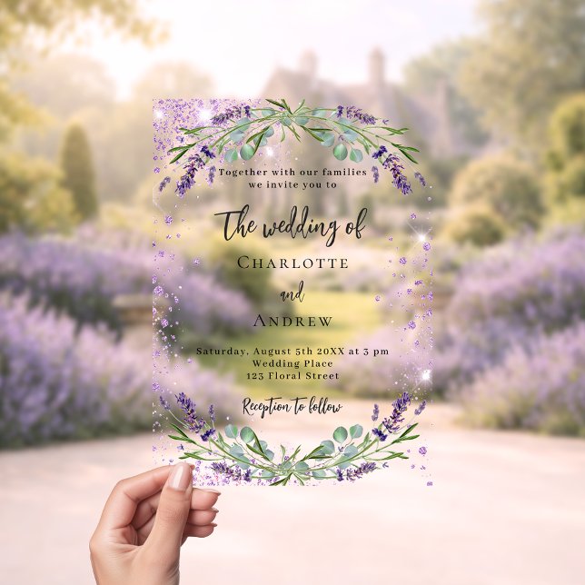 Lavender violet florals eucalyptus wedding acrylic invitations (Creator Uploaded)