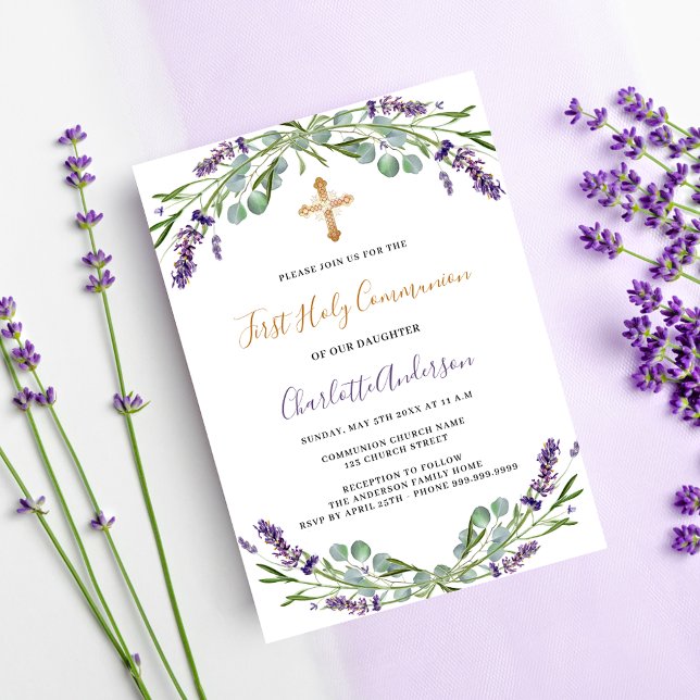 Lavender violet florals First Communion Invitation (Creator Uploaded)