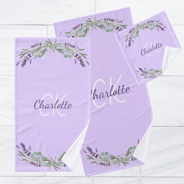 Lavender violet florals monogram name elegant bath towel set (Creator Uploaded)