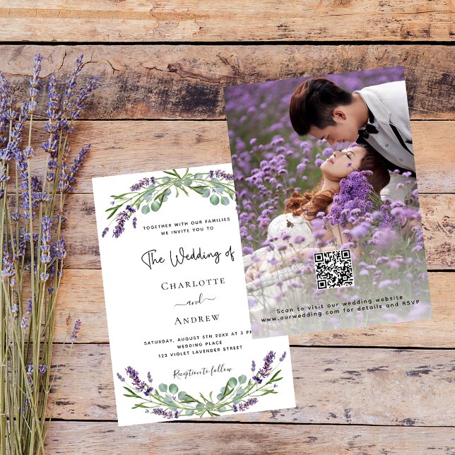 Lavender violet florals photo QR RSVP wedding Invitation (Creator Uploaded)