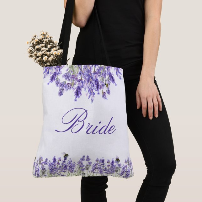 Lavender violet florals script bride wedding tote bag (Close Up)