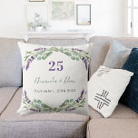 Lavender violet florals wedding anniversary throw pillow<br><div class="desc">White background,  violet,  green and black text. Decorated with lavender flowers,  and eucalyptus greenery.   Personalize and add your names and the wedding date or anniversary date.</div>
