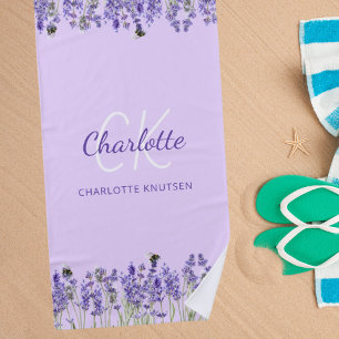Lavender violet flowers monogram initials beach towel