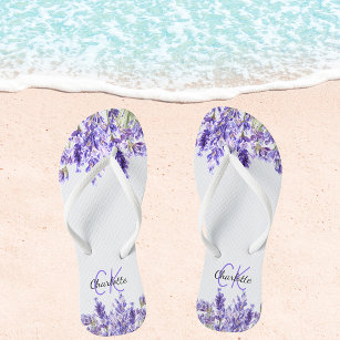 Lavender violet flowers name monogram  flip flops