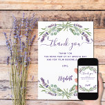 Lavender violet flowers thank you card<br><div class="desc">An elegant birthday thank you card. A white background,  decorated with lavender,  violet flowers and eucalyptus greenery. On front large hand lettered script and the text: Thank You.
Personalize and add Your thank you note and name. The name is written with a modern hand lettered style script.</div>