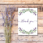 Lavender violet flowers thank you card<br><div class="desc">A feminine and elegant birthday thank you card. A white background, decorated with lavender, violet flowers and eucalyptus greenery. On front large hand lettered script and the text: Thank You. Back: Personalize and add Your thank you note and name. The name is written with a modern hand lettered style script....</div>