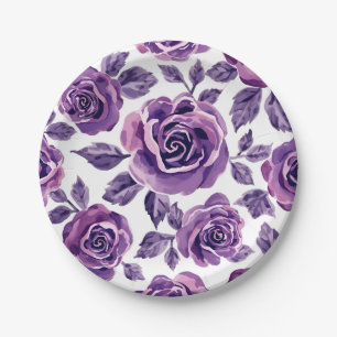 Lavender & Violet Watercolor Rose Floral Pattern Paper Plate