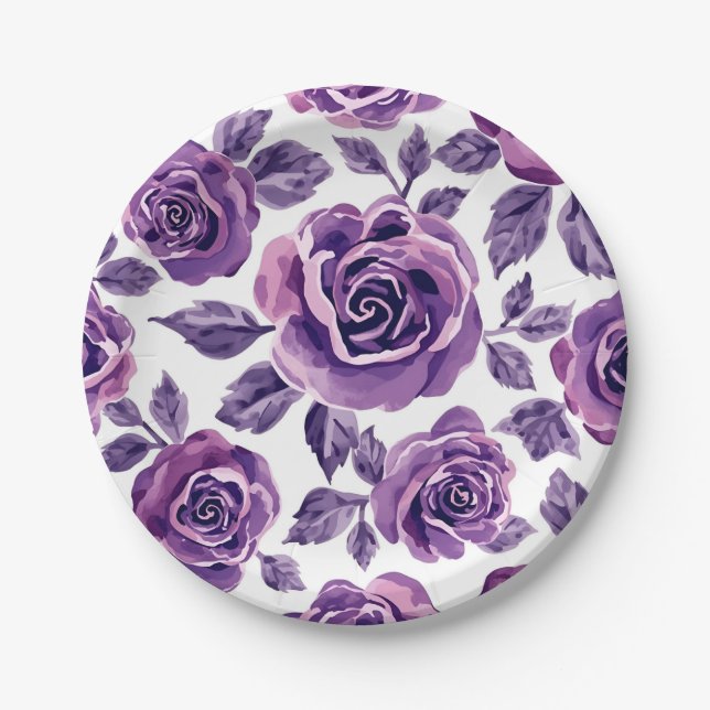 Lavender & Violet Watercolor Rose Floral Pattern Paper Plate (Front)