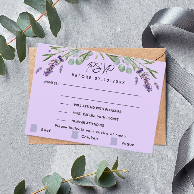 Lavender violet wedding menu response RSVP card (Creator Uploaded)