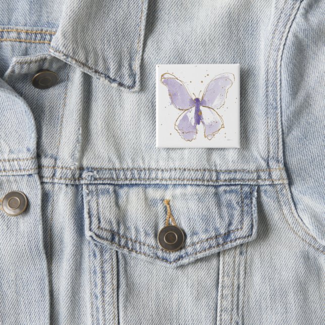 Lavender Watercolor Butterfly 2 Inch Square Button (In Situ)