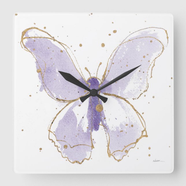 Lavender Watercolor Butterfly Square Wall Clock (Front)