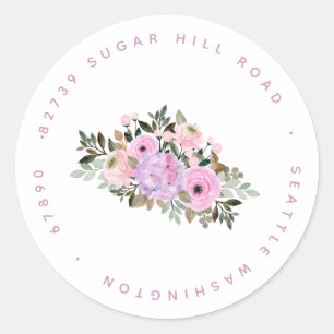 Lavender Watercolor Floral Return Address Wedding  Classic Round Sticker