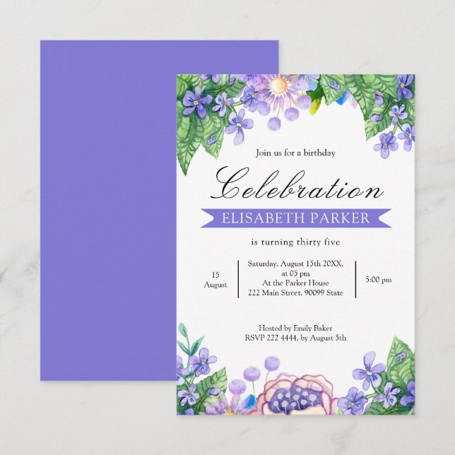 Lavender Watercolor Flowers Birthday Invitation (Front/Back)