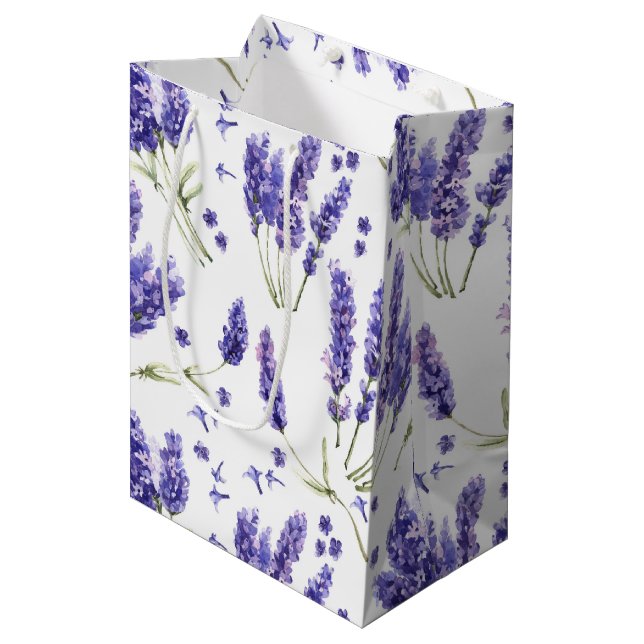 Lavender Watercolor Flowers Pattern Medium Gift Bag (Front Angled)