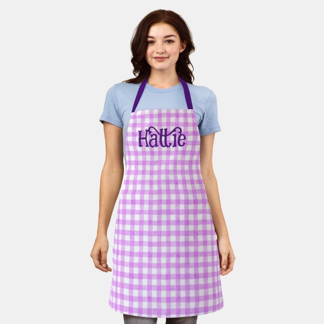 Lavender Watercolor Gingham Personalized Apron (Worn)