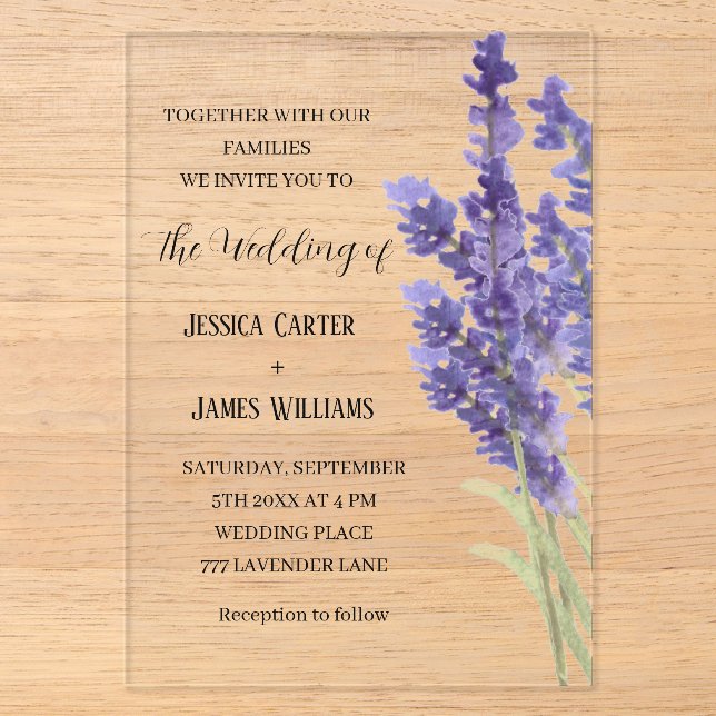 Lavender Watercolor Rustic Elegant Wedding Acrylic Invitations (Front)