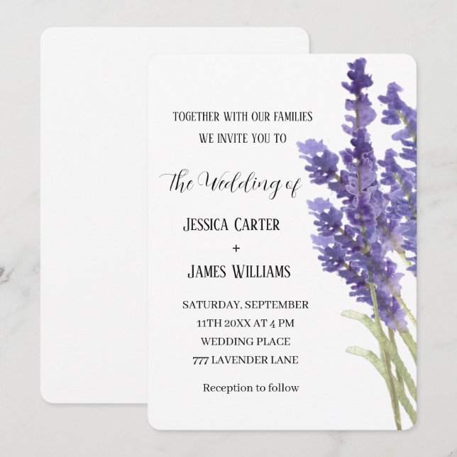 Lavender Watercolor Rustic Elegant Wedding Invitation (Front/Back)