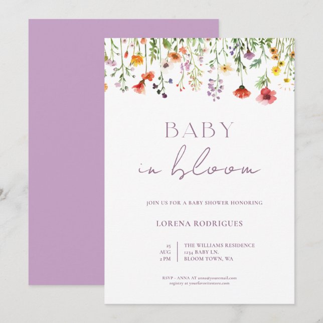 Lavender Watercolor Wildflower Baby in Bloom Invitation (Front/Back)